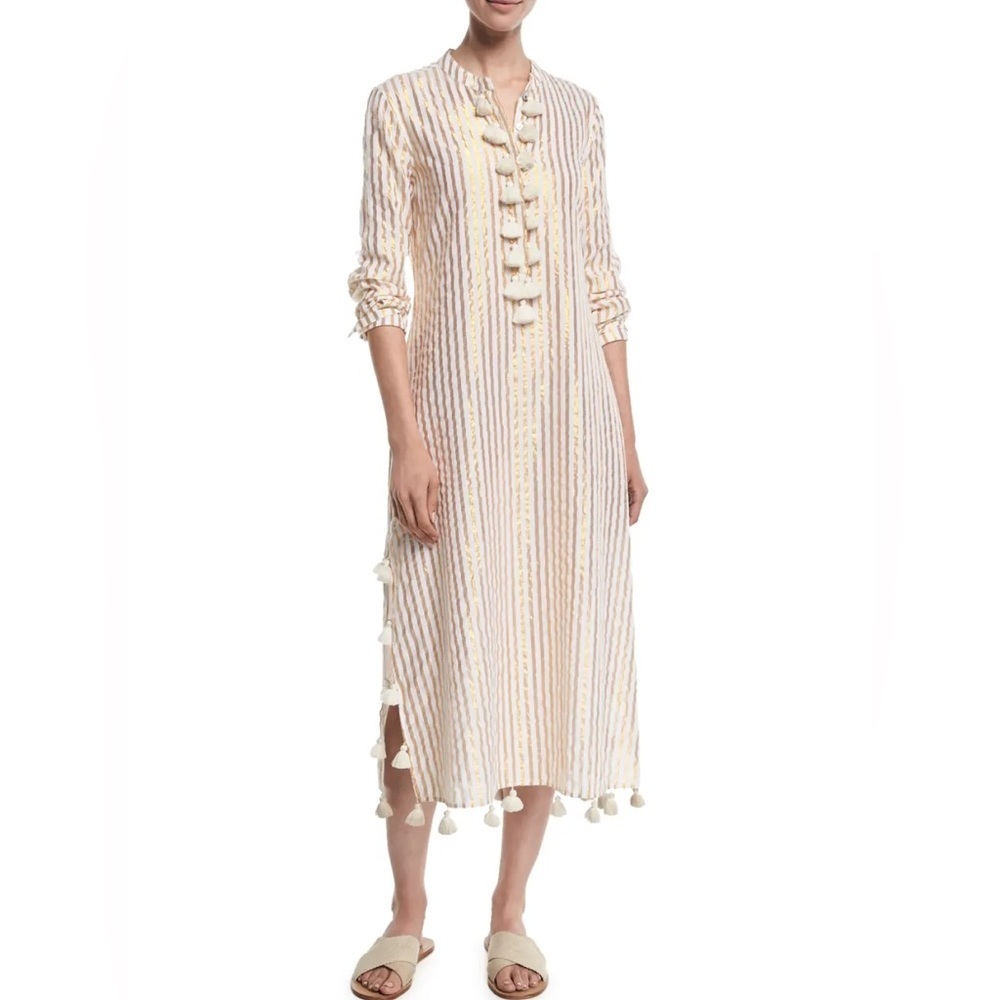 FIGUE Paolina Metallic Stripe Tassel-Trimmed Cotton Blend Caftan Dress One Size